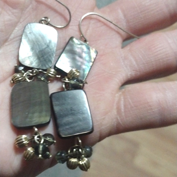 VINTAGE ABALONE SHELL AND TINY BEADED DROP DANGLE HOOK 3" EARRINGS - Picture 3 of 9